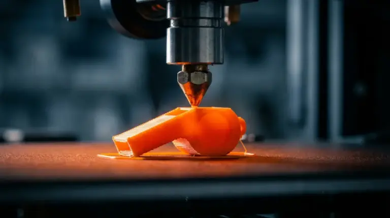 A 3D printer nozzle creating a plastic whistle layer by layer.