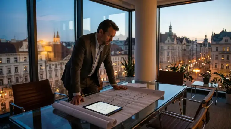 Investor overlooking European city skyline at twilight