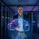 A tech founder analyzing data in a modern innovation lab setting.