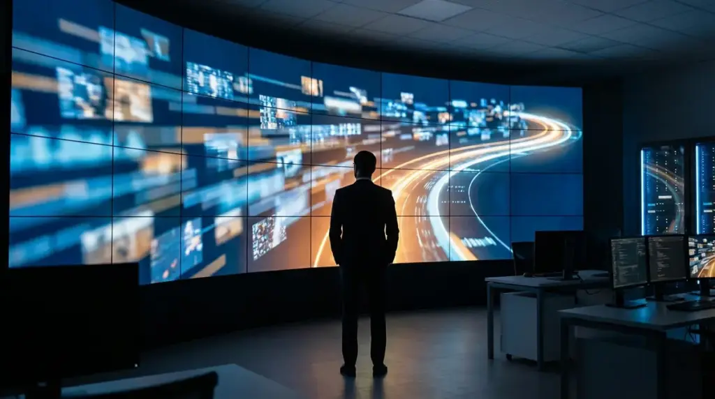 Data analyst viewing a visualization of video data streams merging into timelines.