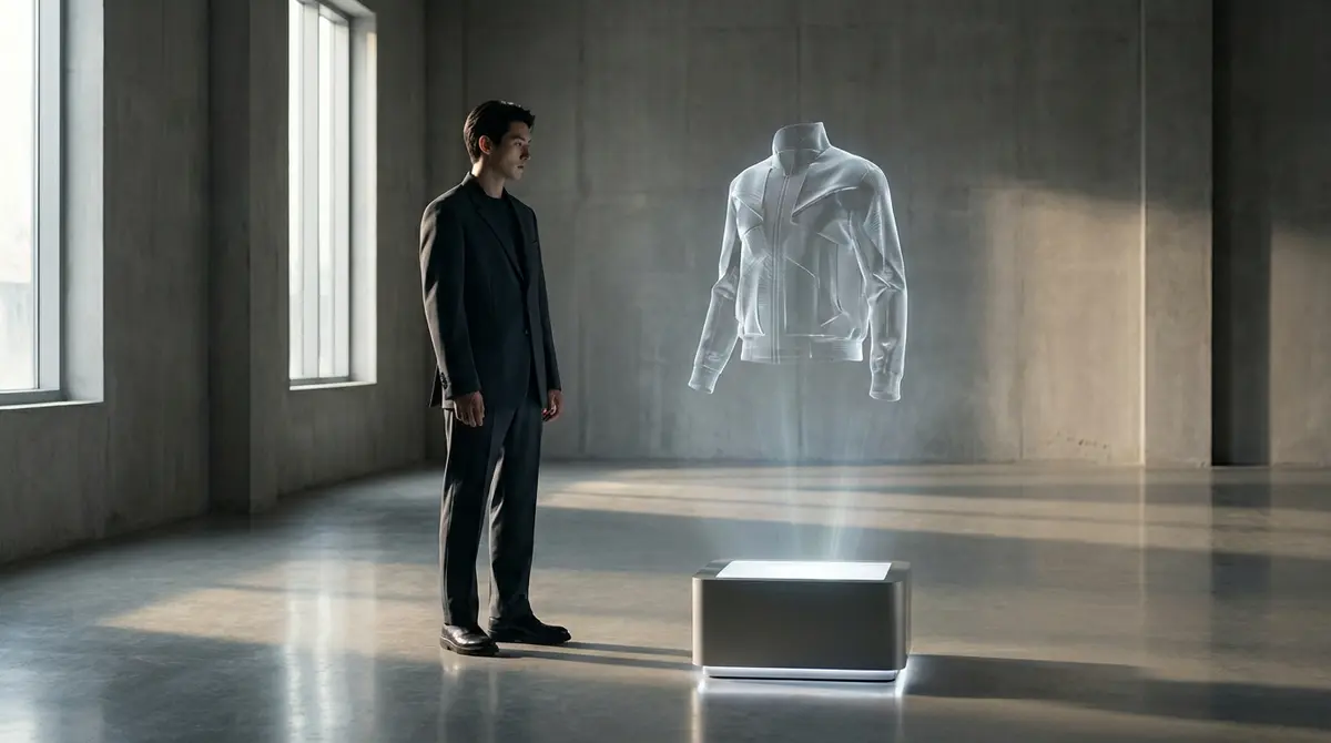 A person interacting with a futuristic holographic clothing display in a minimalist studio.