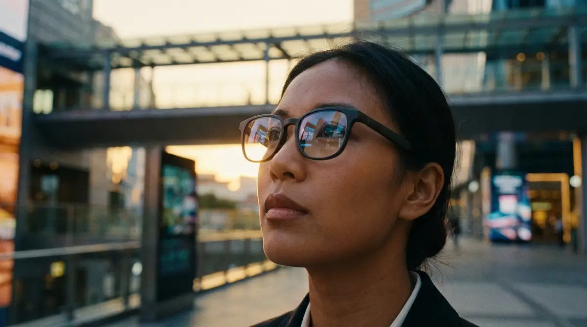 Conceptual visualization of Apple's rumored smart glasses worn by a user in an urban environment.