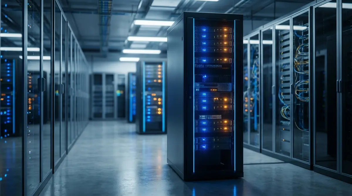 Server rack lights glowing in a modern data center representing AI processing