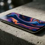 A modern budget smartphone displaying a vibrant screen on a textured surface.