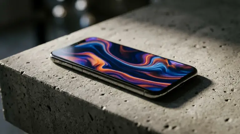 A modern budget smartphone displaying a vibrant screen on a textured surface.