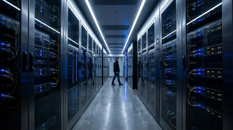 Server racks in a modern data center symbolizing AI compute infrastructure.