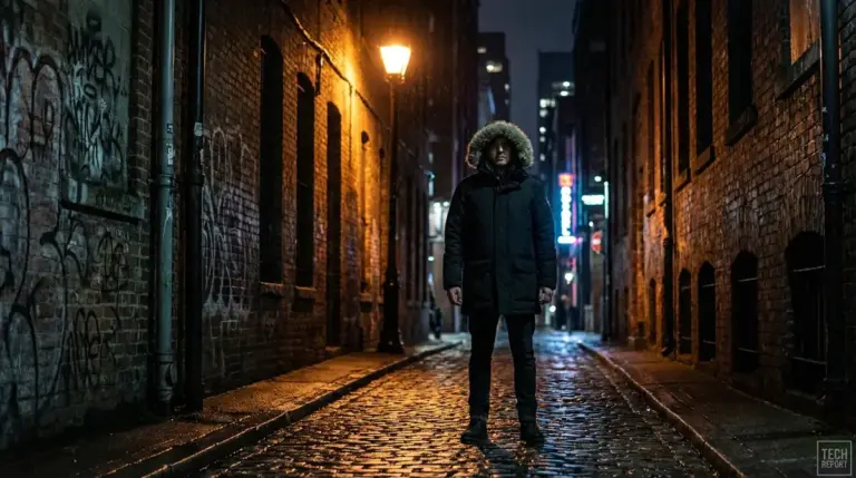 Person in winter coat standing in dark city street