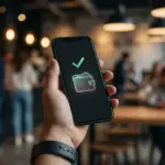 Person holding smartphone displaying a digital payment notification in a cafe setting.