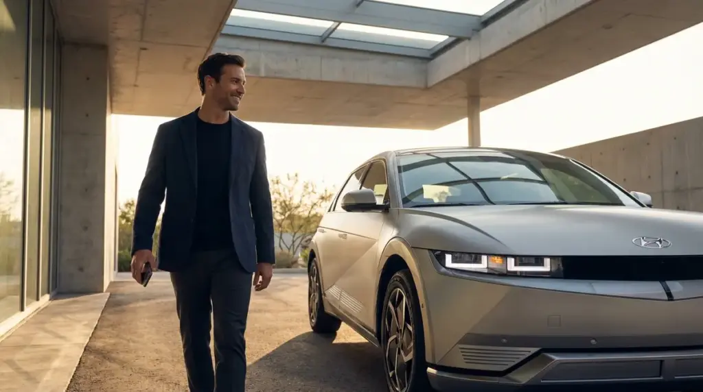 Man approaching a modern car using passive digital key entry technology.