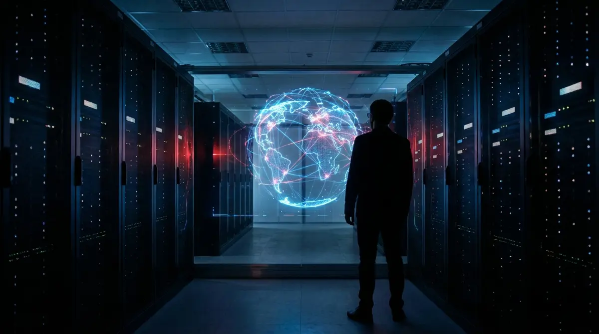 Silhouette of a cybersecurity analyst monitoring a glowing digital network map in a server room.