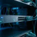 Close-up of a high-end Cisco networking switch in a server rack