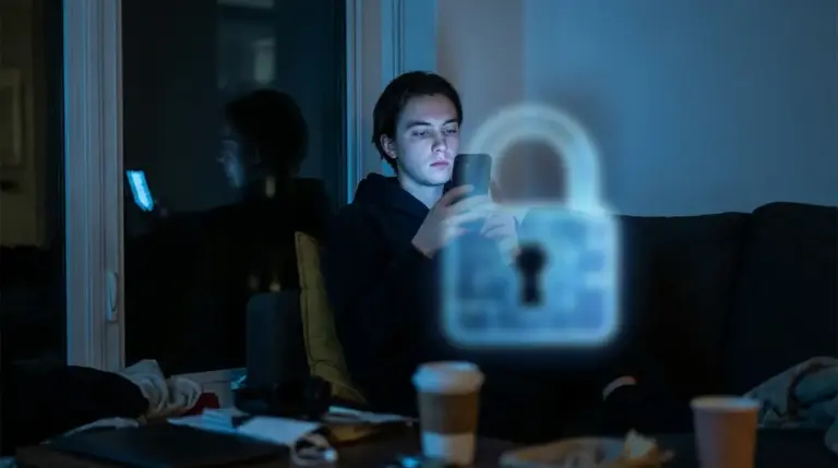 Person viewing smartphone with digital privacy lock symbol overlay
