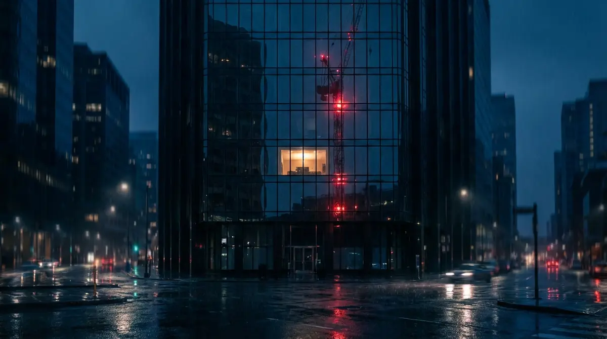 Nighttime view of a modern fintech office building with red warning lights reflection
