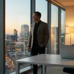 Tech executive overlooking a city skyline representing corporate strategy.