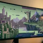 Monitor screen showing a glitching AI-generated video game landscape.