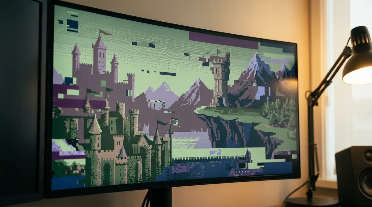 Monitor screen showing a glitching AI-generated video game landscape.