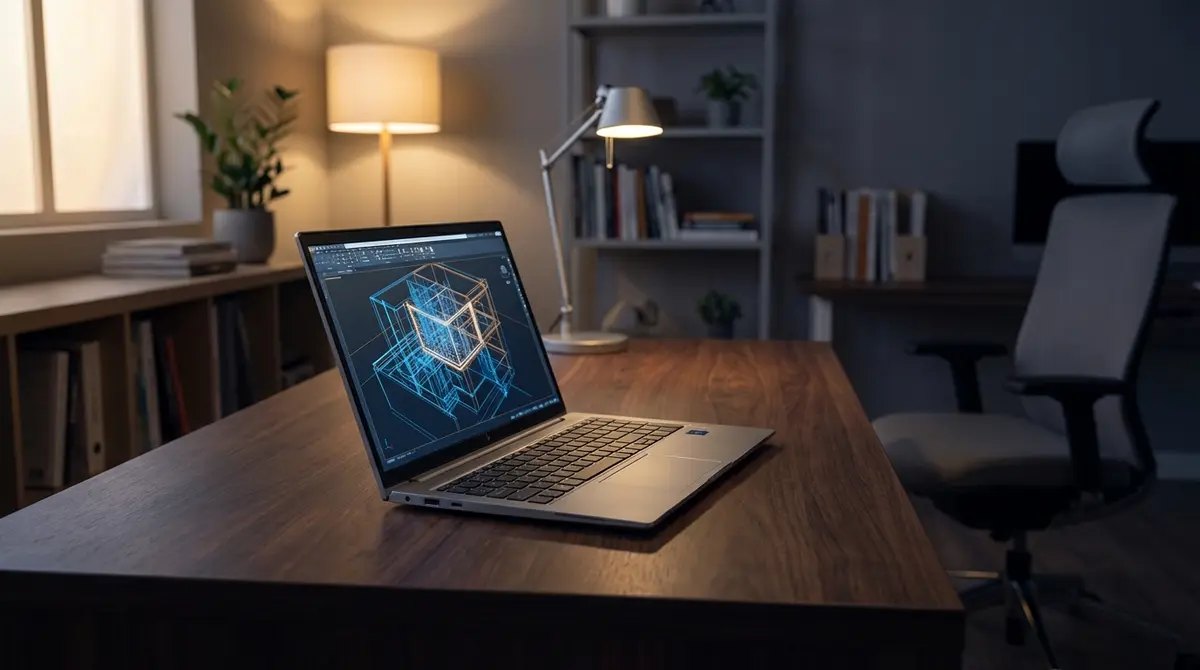 HP ZBook Ultra G1a laptop open on a desk displaying 3D software