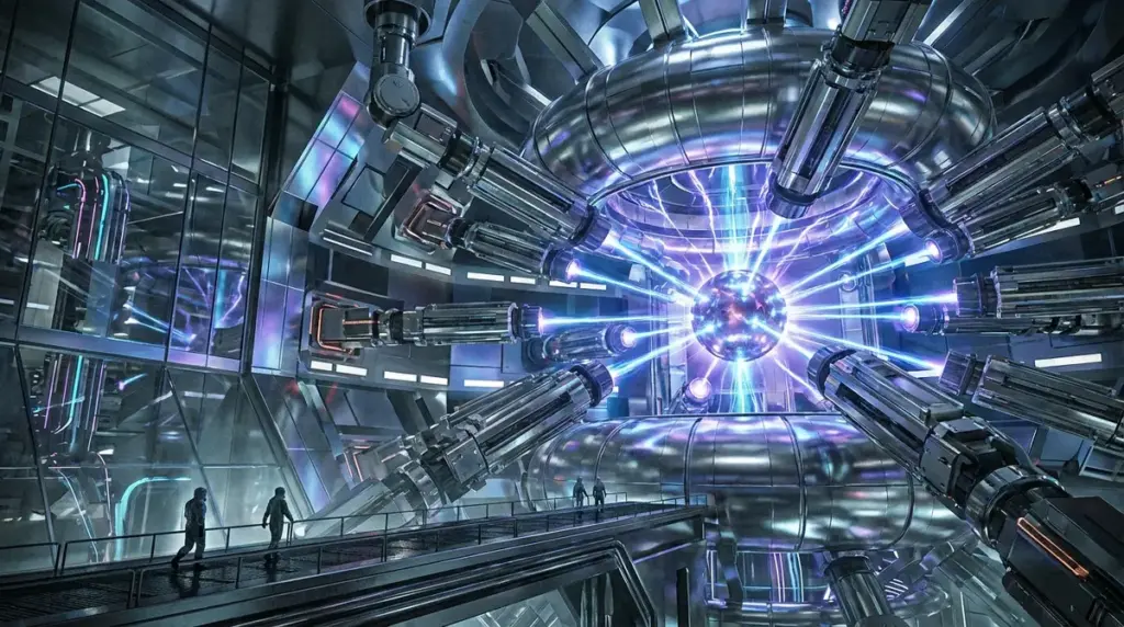 Futuristic laser fusion chamber facility representing Inertia Enterprises' technology.