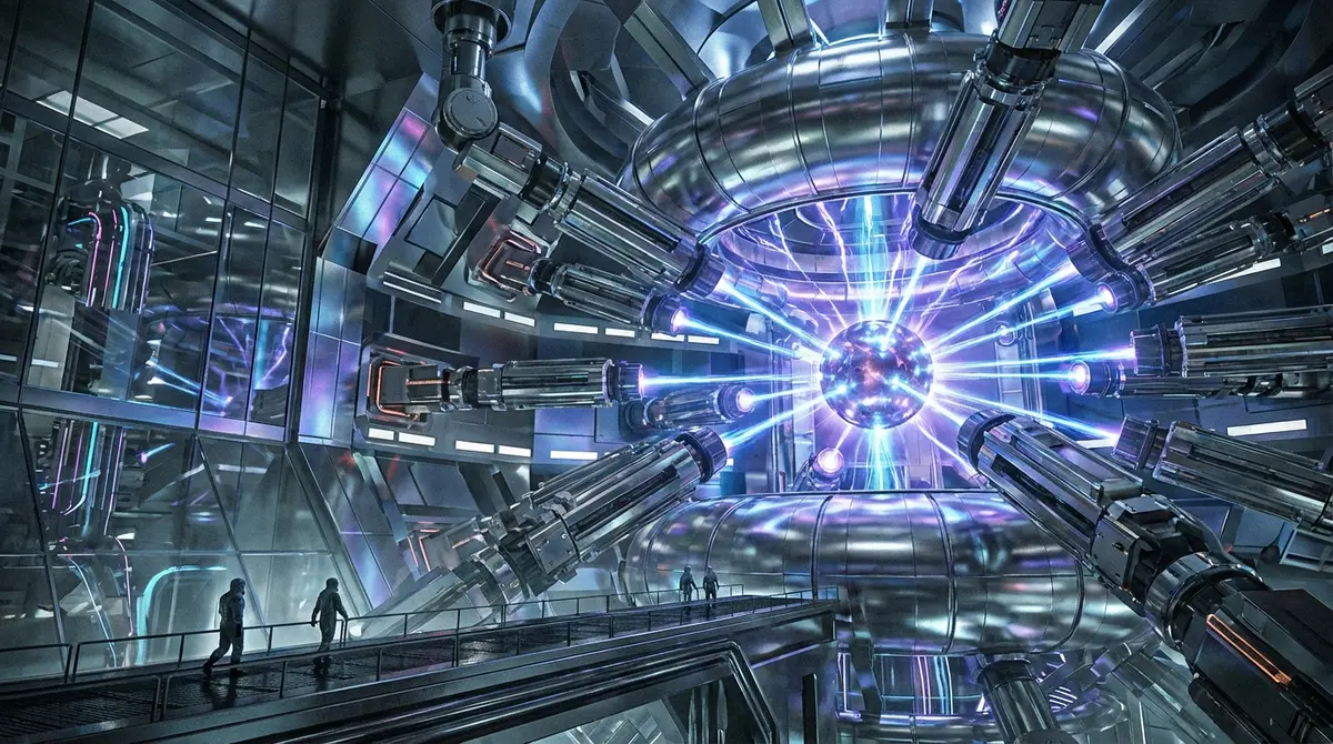 Futuristic laser fusion chamber facility representing Inertia Enterprises' technology.
