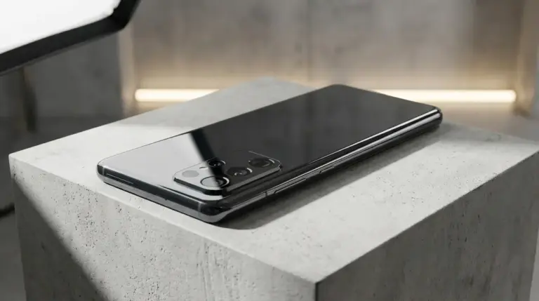 A close-up studio shot of a modern smartphone with dramatic lighting.