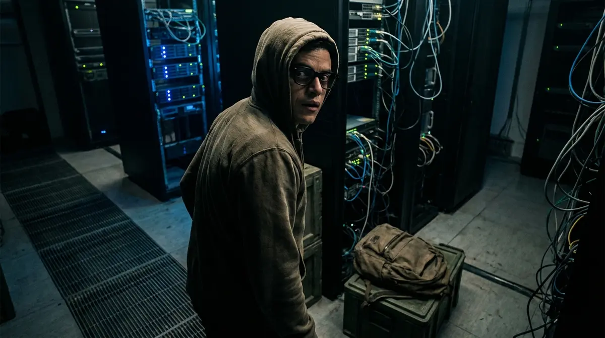 IT worker looking anxious in a server room environment.