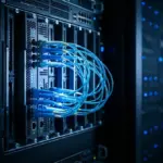 Futuristic server rack with glowing optical fiber connections in a data center.