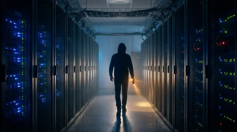 Darkened server room representing the shutdown of Myrient's digital archive