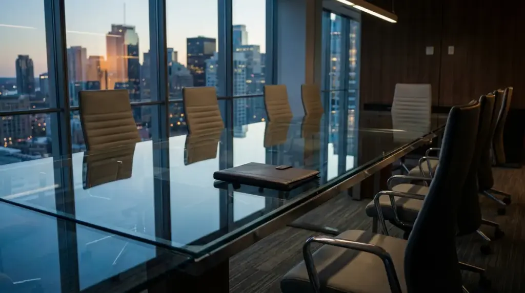 Empty boardroom table symbolizing the end of negotiations