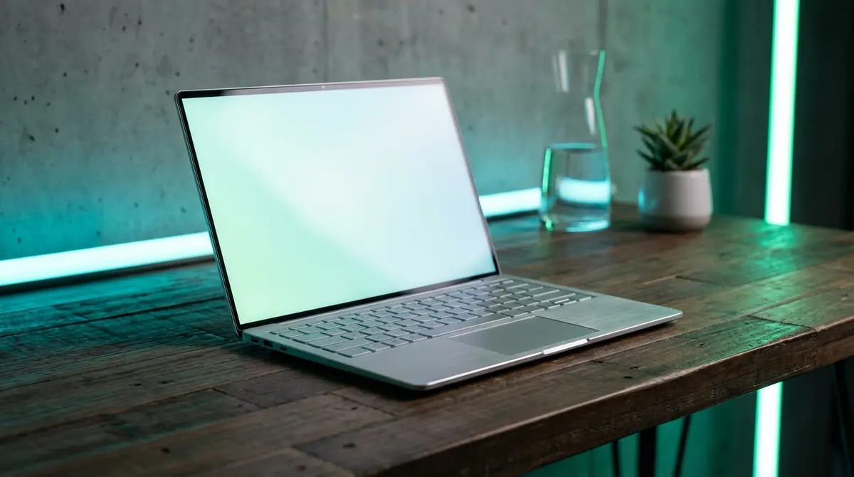 Futuristic laptop with green ambient lighting representing Nvidia technology.