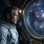 Ryan Gosling as astronaut Ryland Grace looking out a spaceship window in Project Hail Mary.