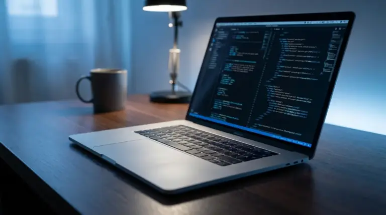 A high-end laptop running complex AI code in a home office setting