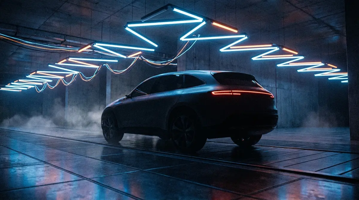 Silhouette of a Rivian electric vehicle in a modern manufacturing tunnel.
