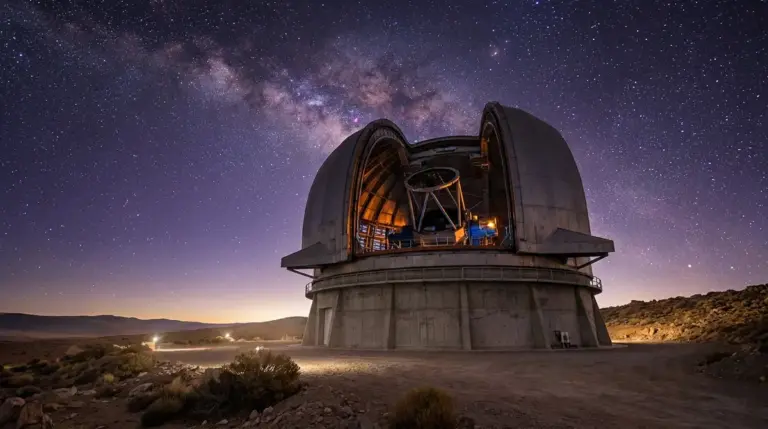 The Vera C. Rubin Observatory under a starry night sky in Chile.