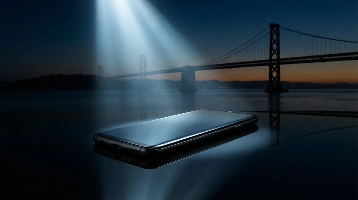 Silhouette of the Galaxy S26 against a San Francisco backdrop.