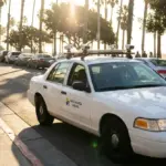 Santa Monica parking enforcement vehicle with AI cameras patrolling a street.