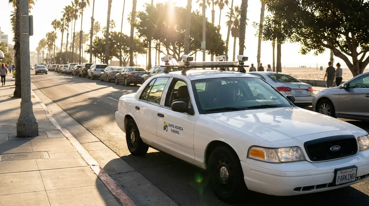 Santa Monica parking enforcement vehicle with AI cameras patrolling a street.