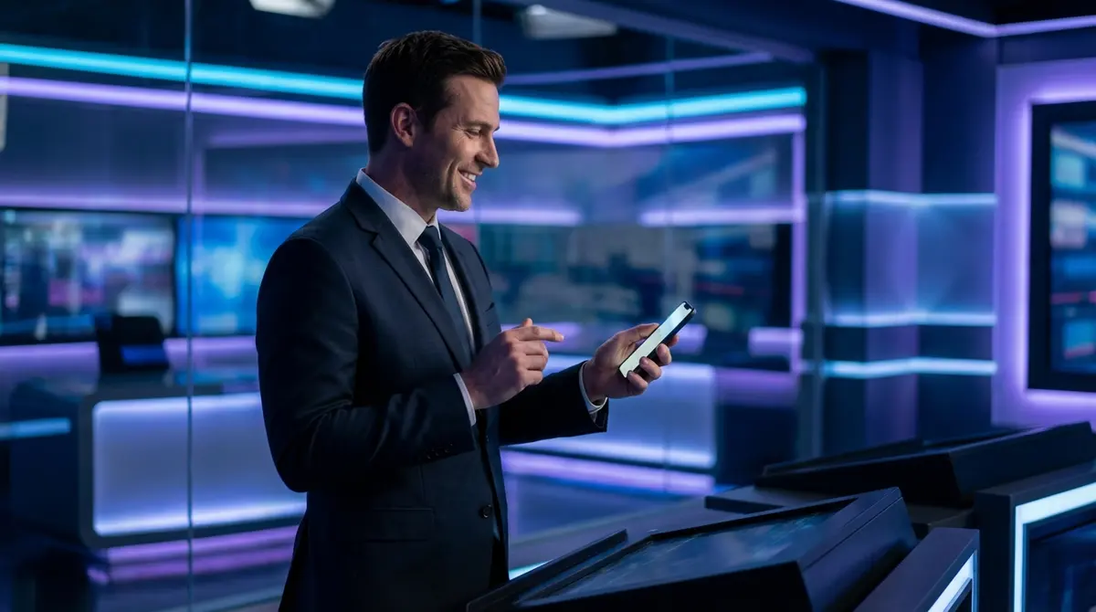 Scott Rogowsky style host standing in a modern neon-lit broadcast studio holding a phone.