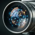 Vintage movie camera lens reflecting digital AI code structure
