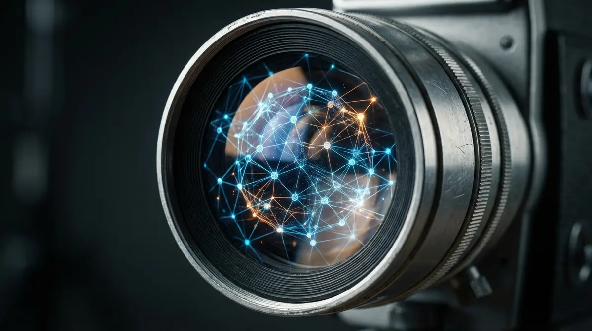 Vintage movie camera lens reflecting digital AI code structure