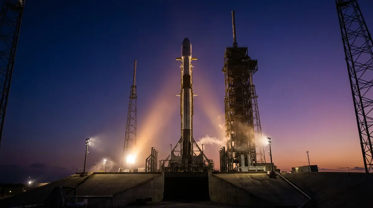 SpaceX Falcon 9 rocket on the launchpad prepared for liftoff at twilight
