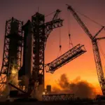 Cranes dismantling the crew access arm at Launch Complex 39A during sunset.