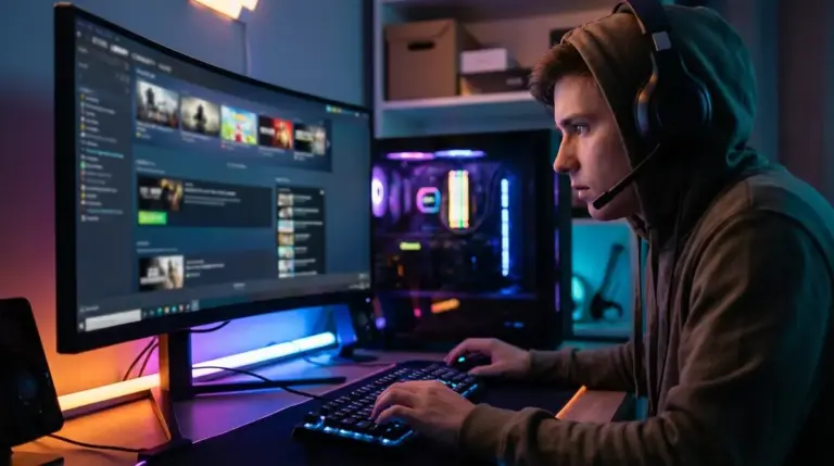 Gamer viewing a Steam store page on a high-end PC setup