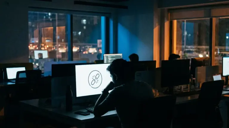 A developer in a dark office facing network connectivity issues on their monitor.