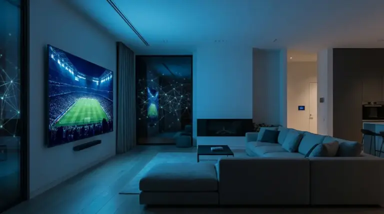 A living room TV displaying a football game with subtle digital overlays representing AI.