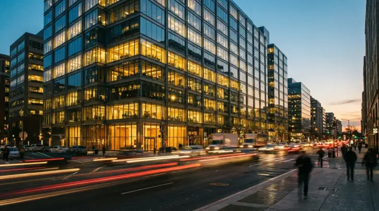 Modern office building at twilight symbolizing corporate energy consumption