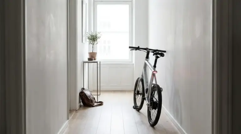 Tenways CGO Compact e-bike stored in a narrow apartment hallway
