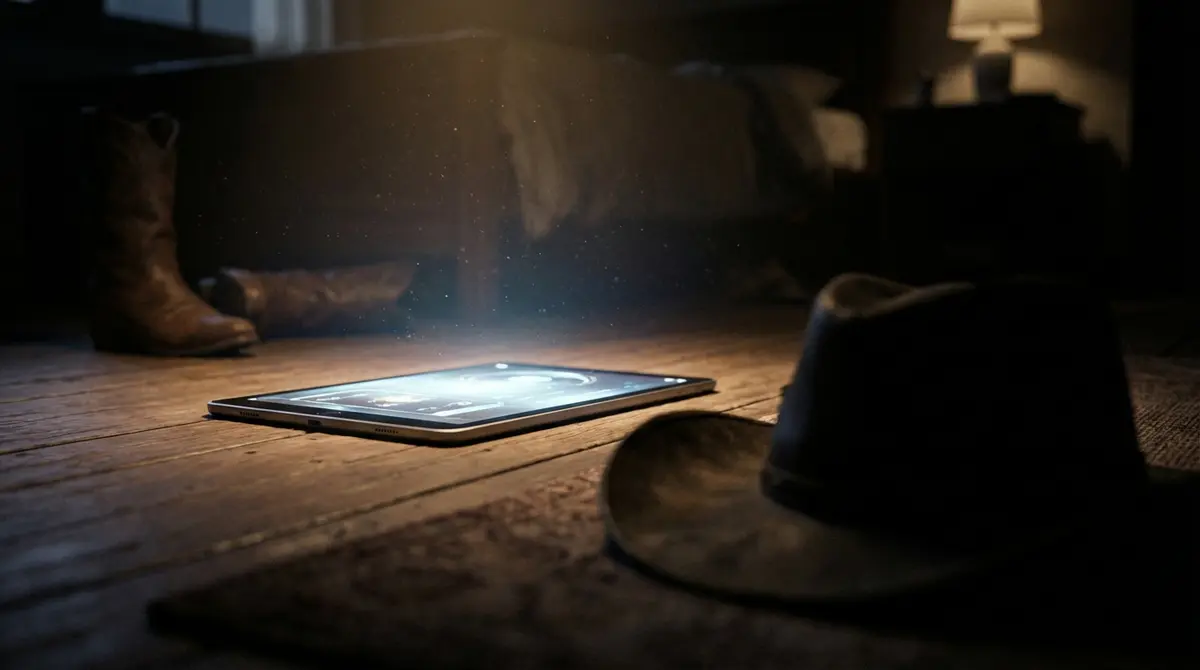 A glowing tablet device on a floor casting light on a toy silhouette