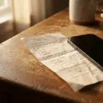 Smartphone next to a handwritten grocery list on a wooden table