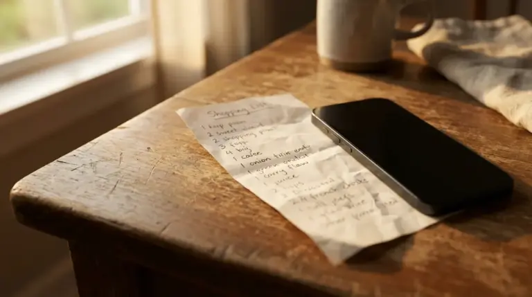 Smartphone next to a handwritten grocery list on a wooden table