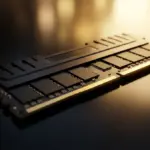 A stick of computer RAM illuminated with golden light symbolizing high value